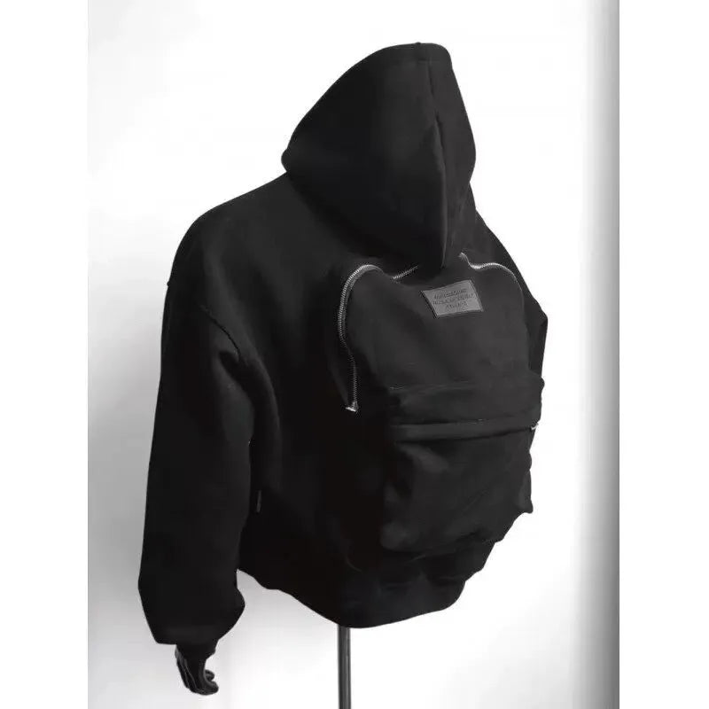 Men's light grey hooded sweatshirt with a schoolbag graphic printed on the back.