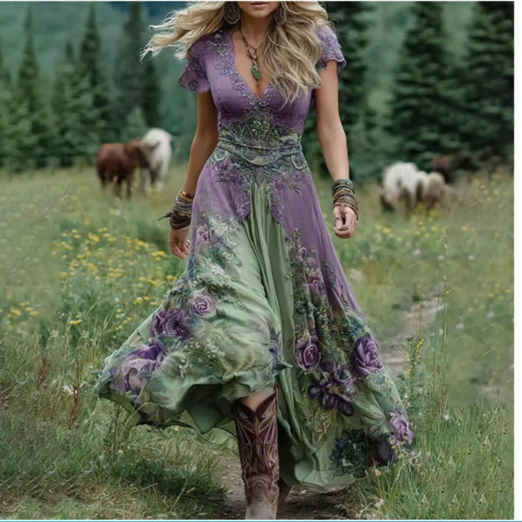 Women's loose creative pattern dress with deep V neckline and short sleeves in artistic retro style