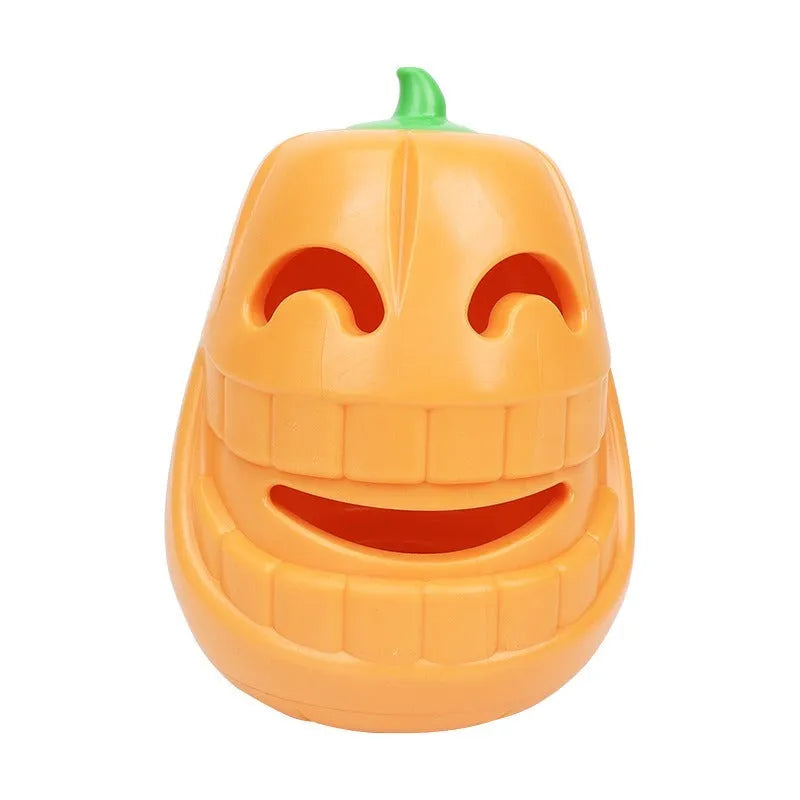 Halloween pumpkin shaped interactive dog chew toy with treat-dispensing funnel design