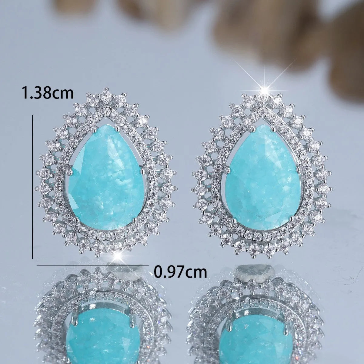 Women's white diamond water drop ice flower heart earrings with platinum colour on copper electroplated construction