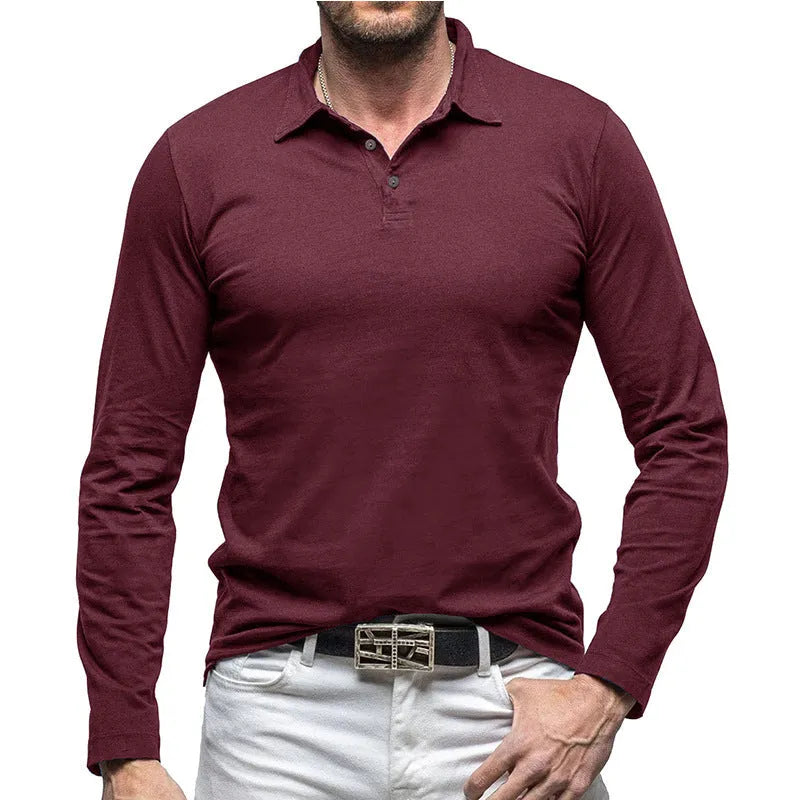 Men's dark grey polo collar long sleeve cotton T-shirt in American retro style laid flat