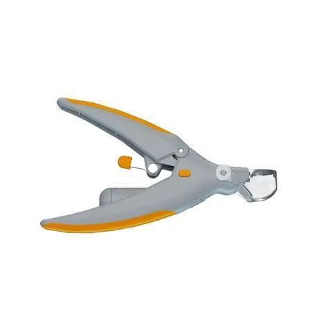 Yellow and grey pet nail clipper with LED light and magnifying glass, 14 cm long