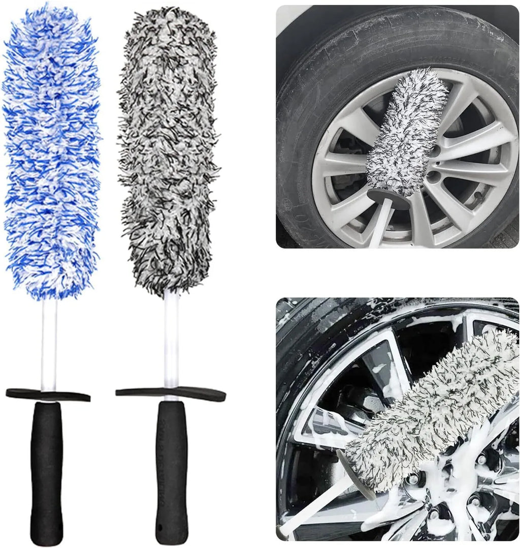 Two steel rim hub cleaning brushes in blue and black with superfine fibre bristles