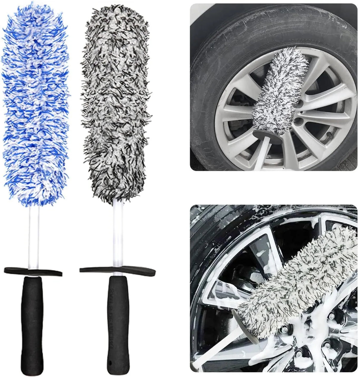 Two steel rim hub cleaning brushes in blue and black with superfine fibre bristles