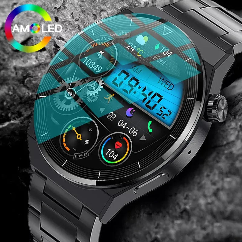 Black silicone strap smartwatch with silver case showing touch screen displaying health metrics