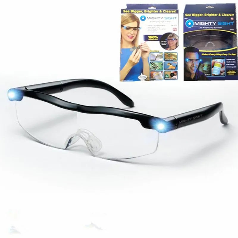 USB LED reading glasses with transparent black frame and integrated lighting