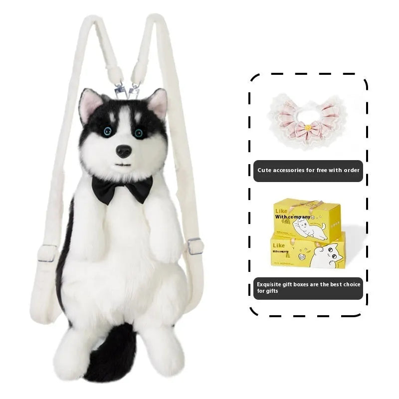 Husky plush simulation bag toy with a scarf in a colour gift box