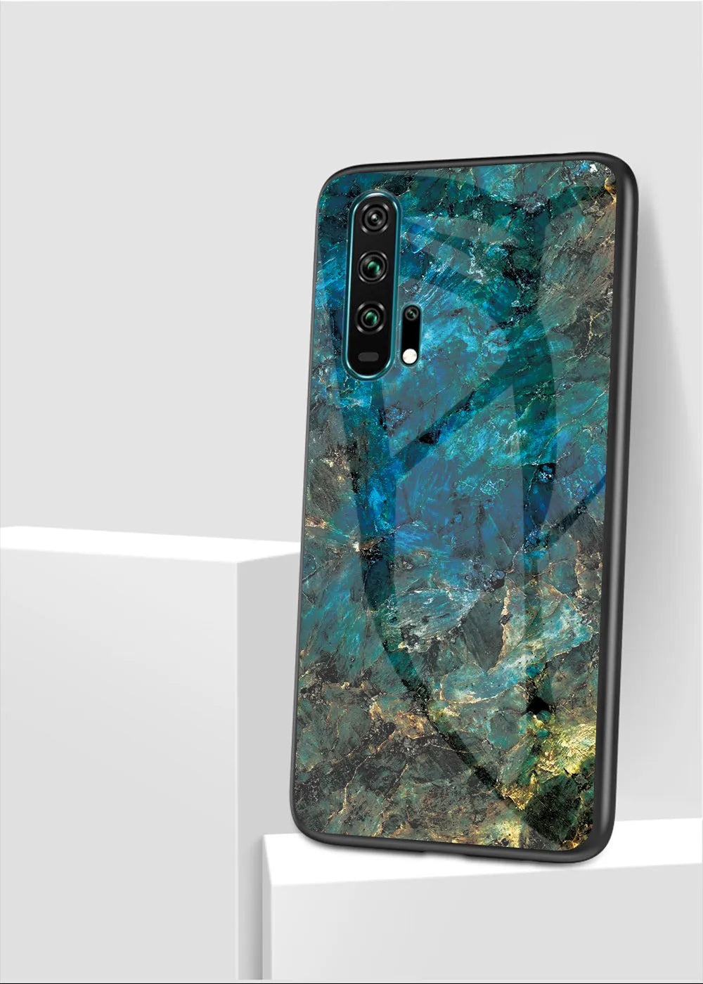 Honor 20 Pro mobile phone in a black marble tempered glass case with silicone bumper