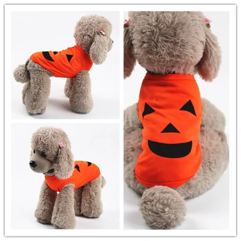 Orange Halloween pet pumpkin costume shirt for cats and small dogs with Grimace style pattern