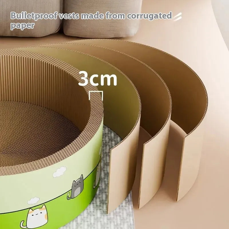 Large round cat scratch board with deep pits, made from brown corrugated paper.