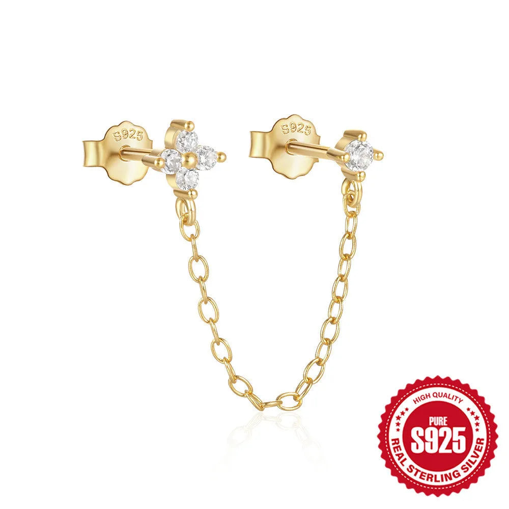 Golden S925 sterling silver stud earrings with a geometric diamond flower and delicate tassel chain design.