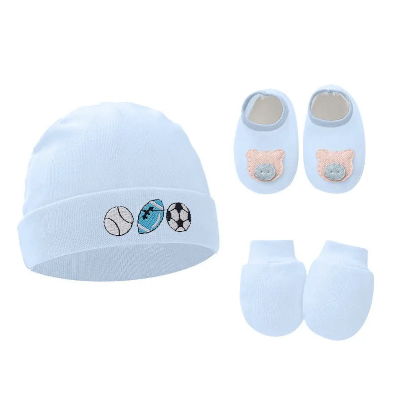 Cotton baby gloves and foot cover set in multiple colours including light blue, navy blue, pink, and camel
