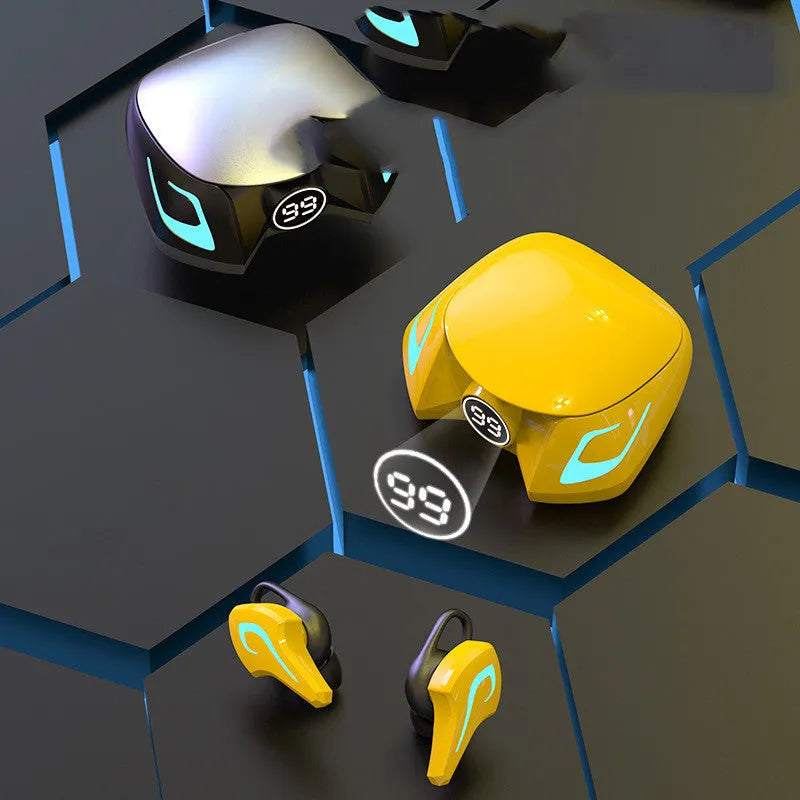 Black grey, yellow, and cool black coloured Bluetooth gaming earplug headset with bilateral design.
