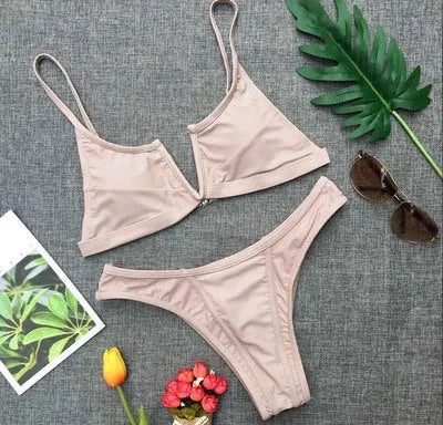 Multi-Color optional bikini swimsuit with strip steel belt and chest pad, available in 15 colours, solid colour open back design