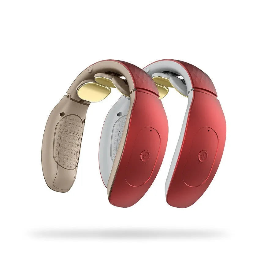 Small red and white intelligent cervical massager unit with three contact points and battery power.