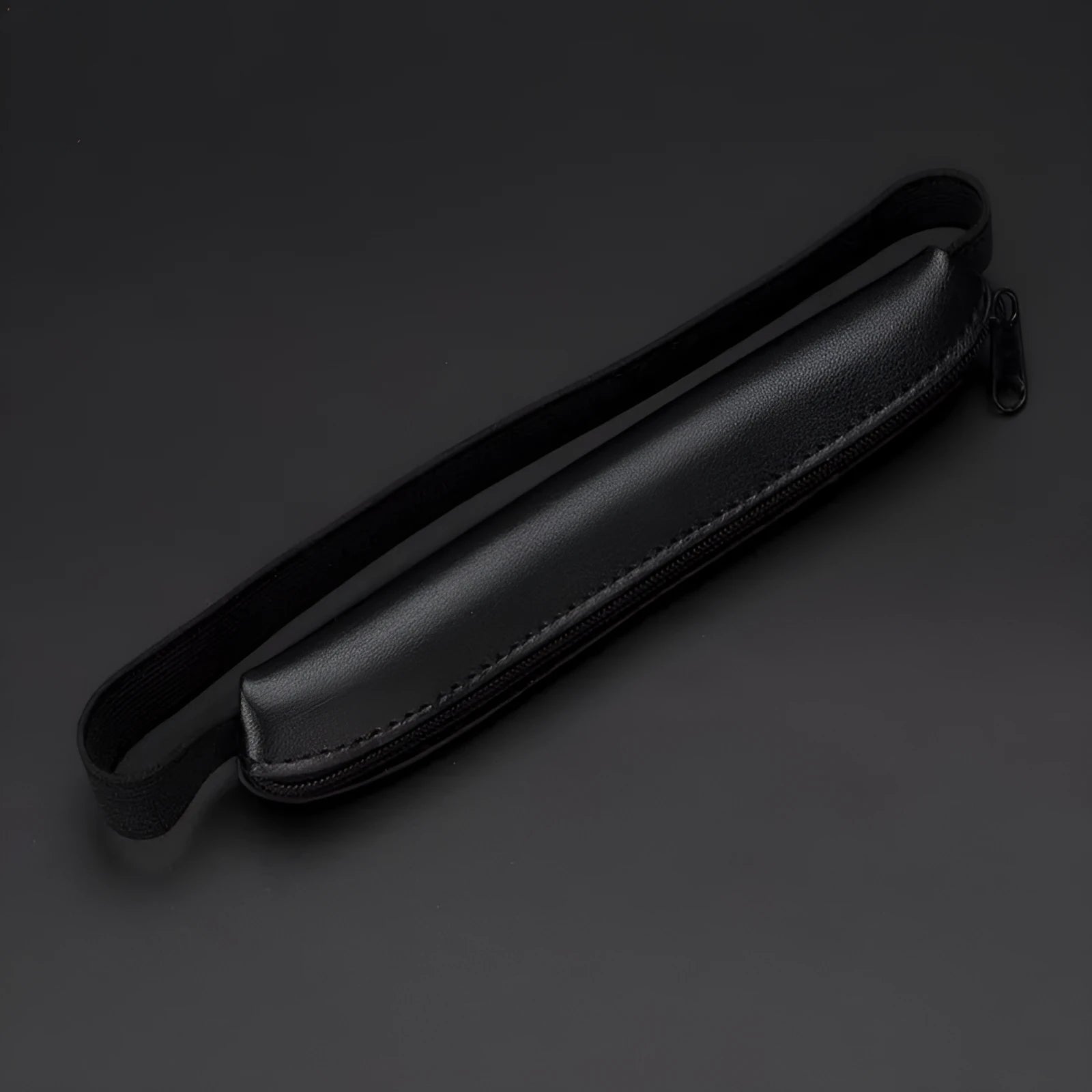 Long slim beige grey PU leather pencil case showing 16.5cm length