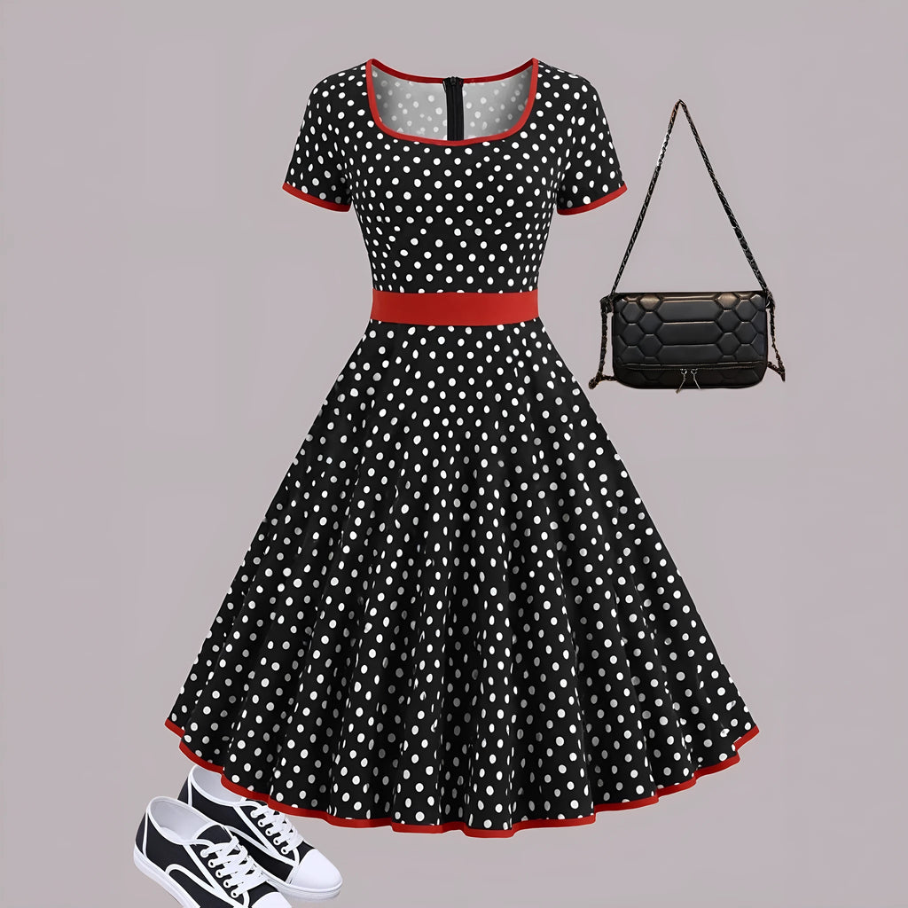 Multicolour polka dot pleated dress with square collar and front zipper