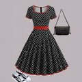 Multicolour polka dot pleated dress with square collar and front zipper
