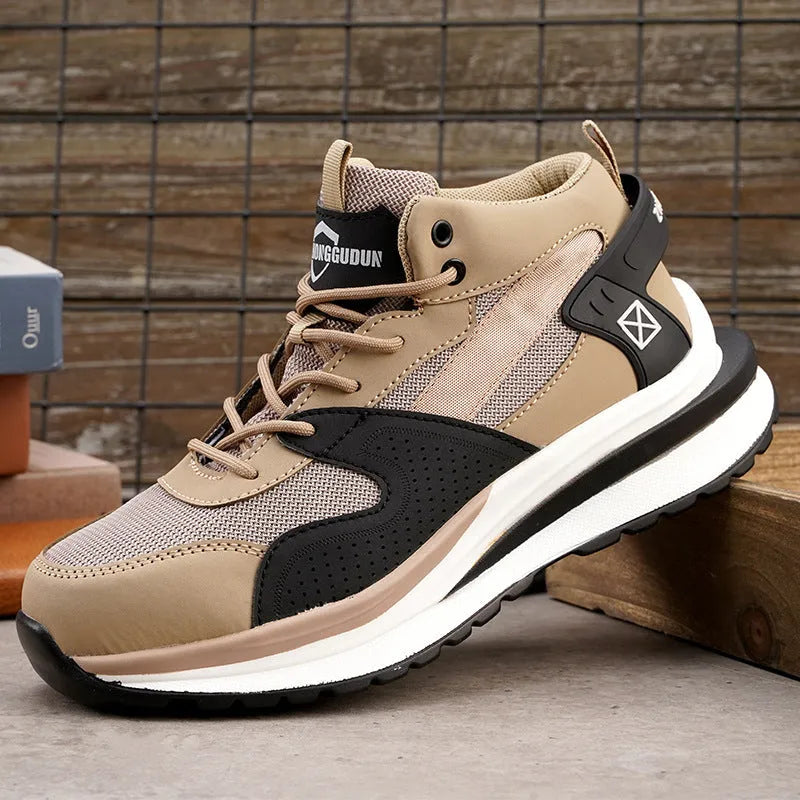 Anti-smashing steel toe cap labour protection shoes with flat knitted upper on construction site