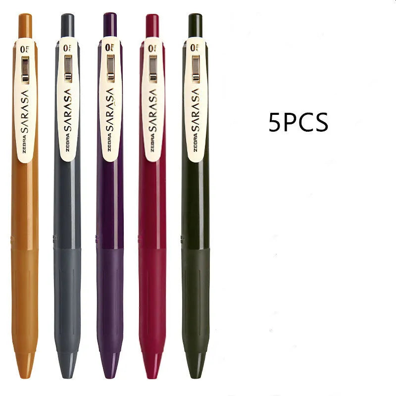 0.5mm bullet gel pen with press water mechanism in a retro style, showing colour options.