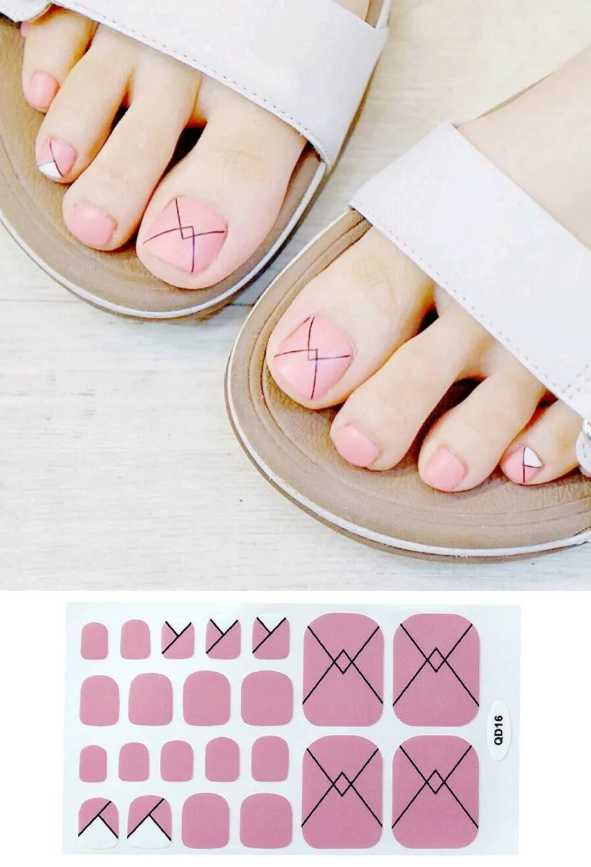Cute waterproof foot nail sticker in pink colour on a toenail, with silver, wine red, and yellow colour options shown on the packaging