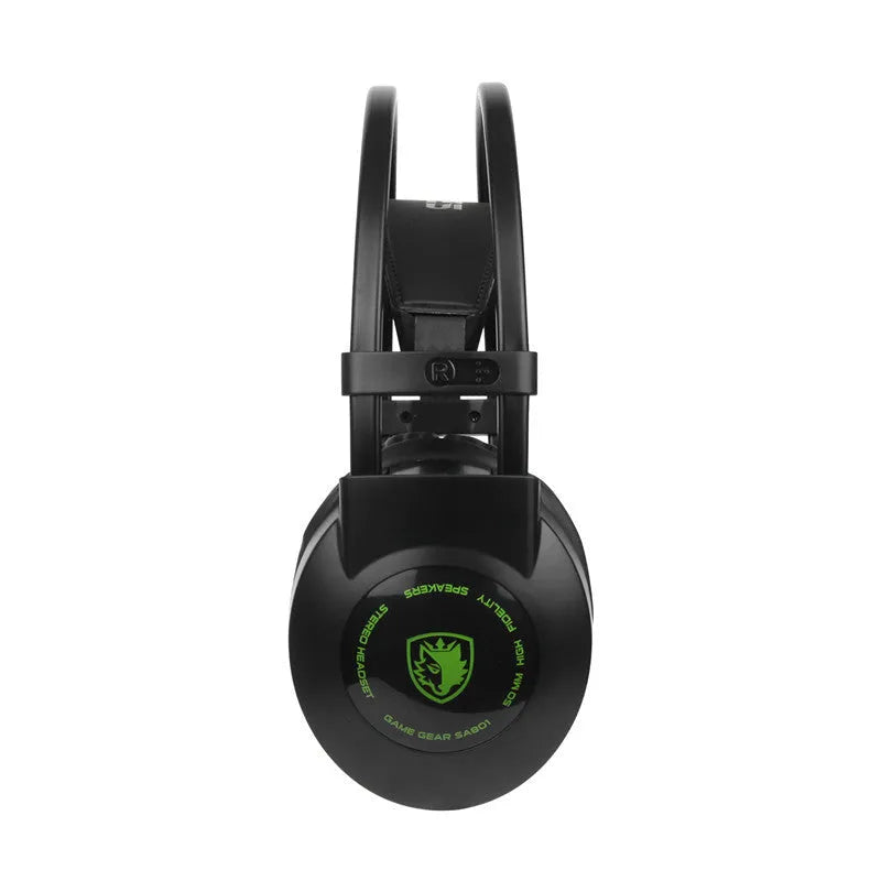 Green wired gaming headset with USB plug, ear-hook design, and microphone