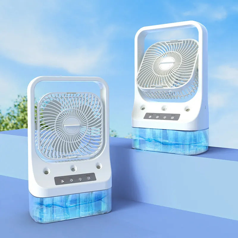 White USB rechargeable air cooler fan with water tank and adjustable head on table
