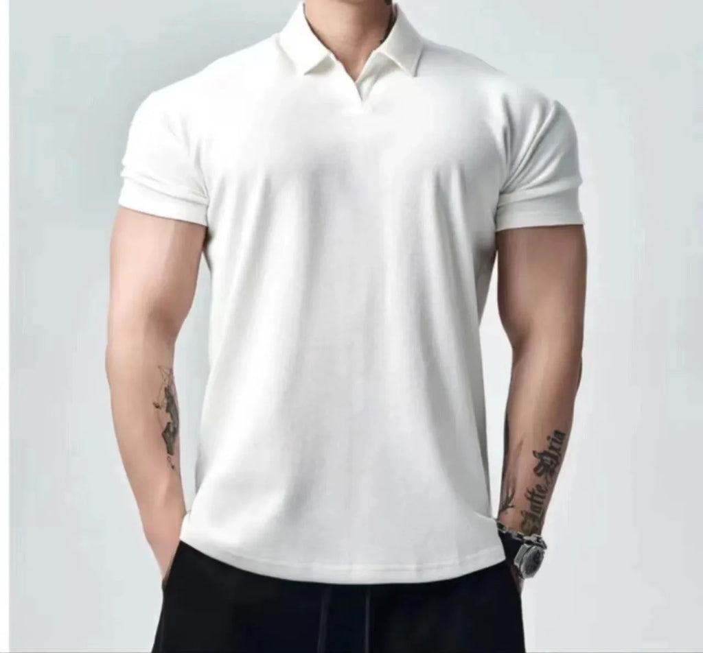 Men's loose fit retro t-shirt in white, black, or grey with choice of Henry or polo collar