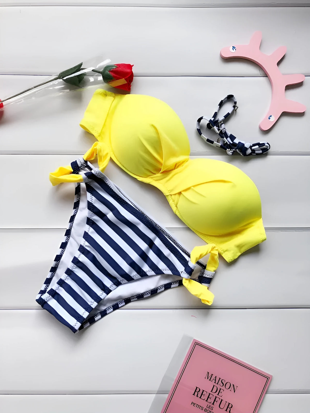 Striped push-up bikini set for women in Pink, padded cups, size S to 3XL