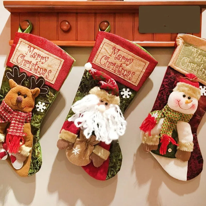 Christmas stocking socks with 3D applique snowman, Santa, and elk designs in mixed colours