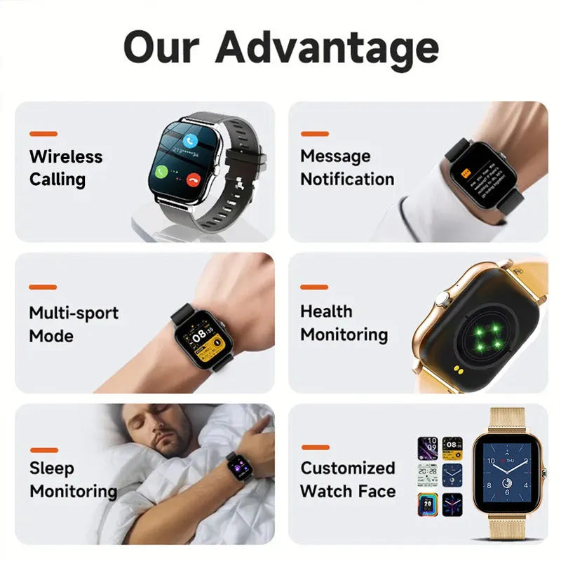 1.44-inch touchscreen smart watch with silicone strap showing Bluetooth calling and health monitoring features