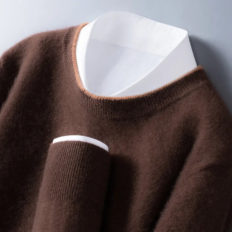 Men's loose-fit woolen pullover in dark grey, pullover style, standard wool yarn, conventional sleeves