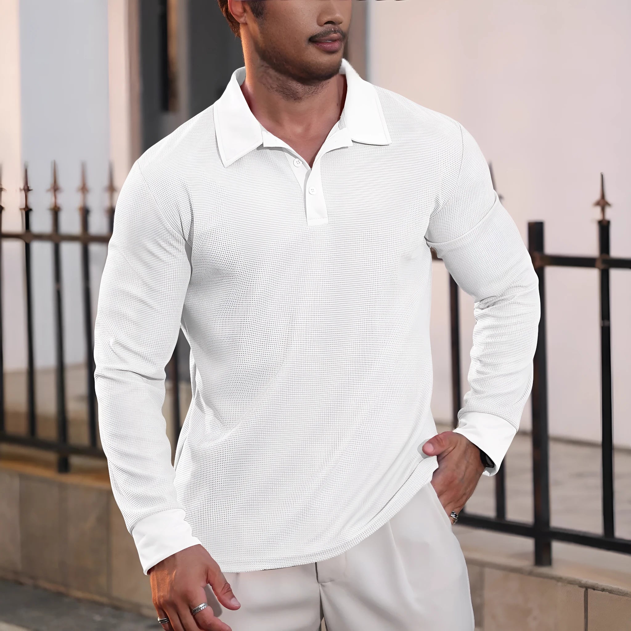 Men's lapel grid pattern long sleeve polyester sweater in autumn colours, front view