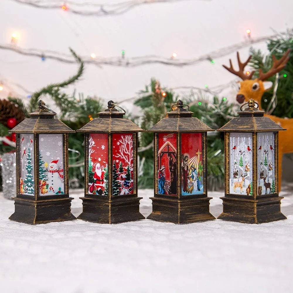 Christmas portable oil lamp with Santa Claus and Christmas tree design, plastic, battery powered, hanging lantern