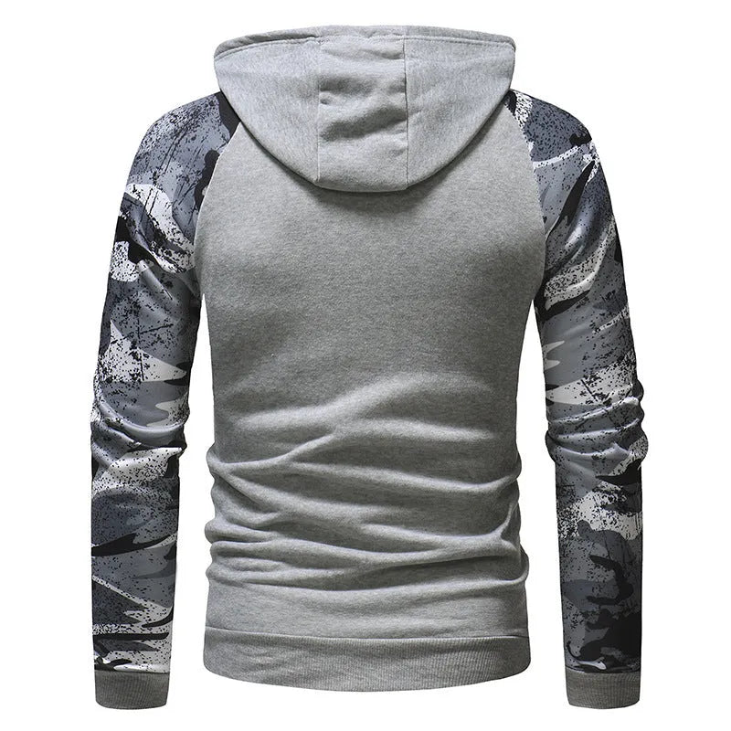 Mens long sleeve camouflage print hooded sweatshirt in polyester fibre, black colour, front view