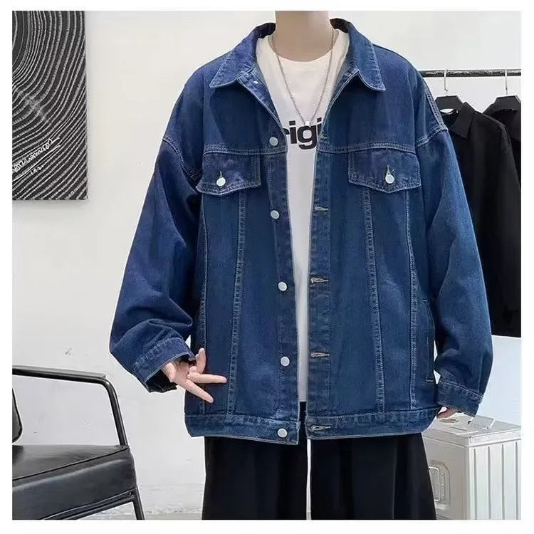 Ins Autumn Loose-fitting Denim Jacket in dark blue with side seam pockets, front view