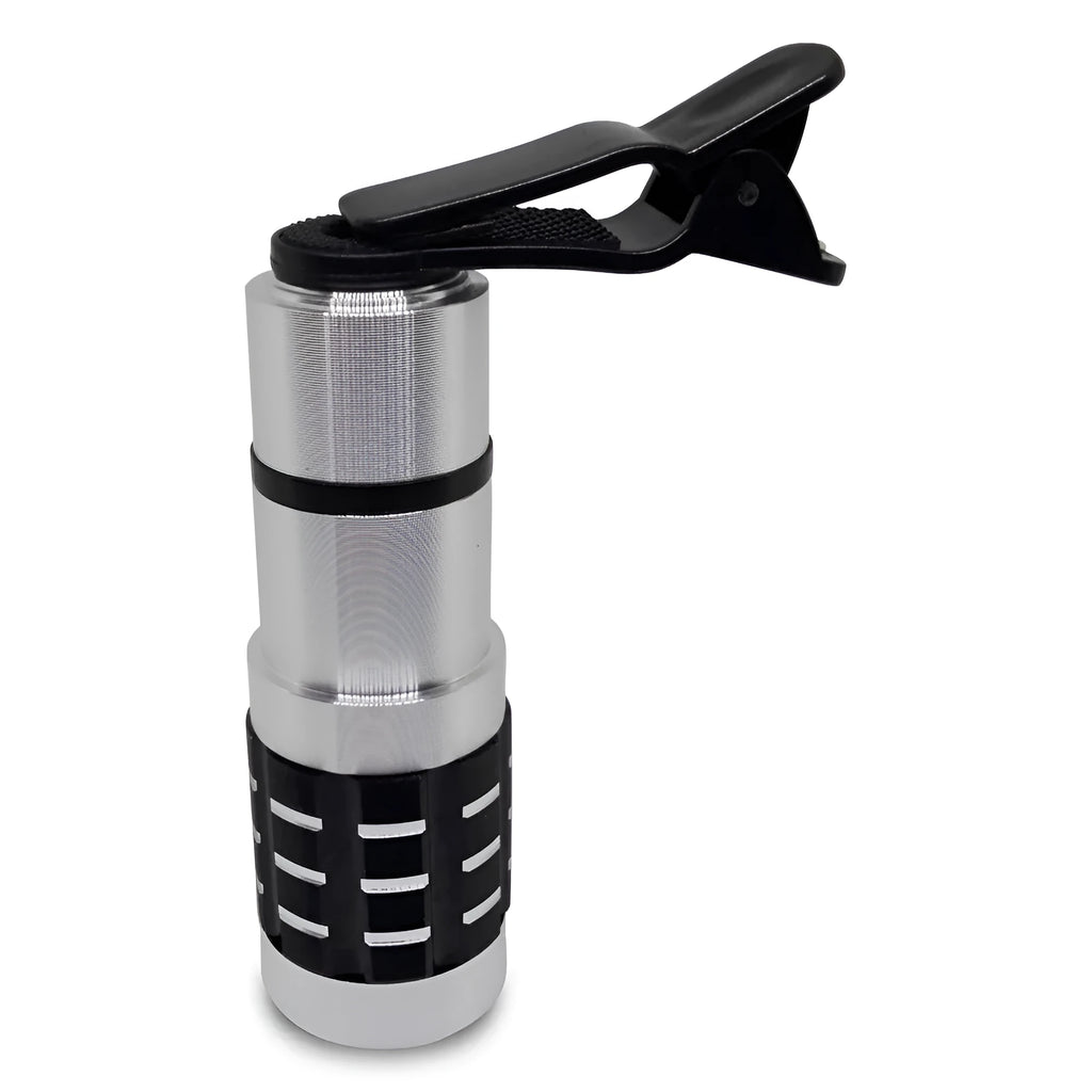 Universal 12x telescopic telephoto lens with collar clip mount for smartphones