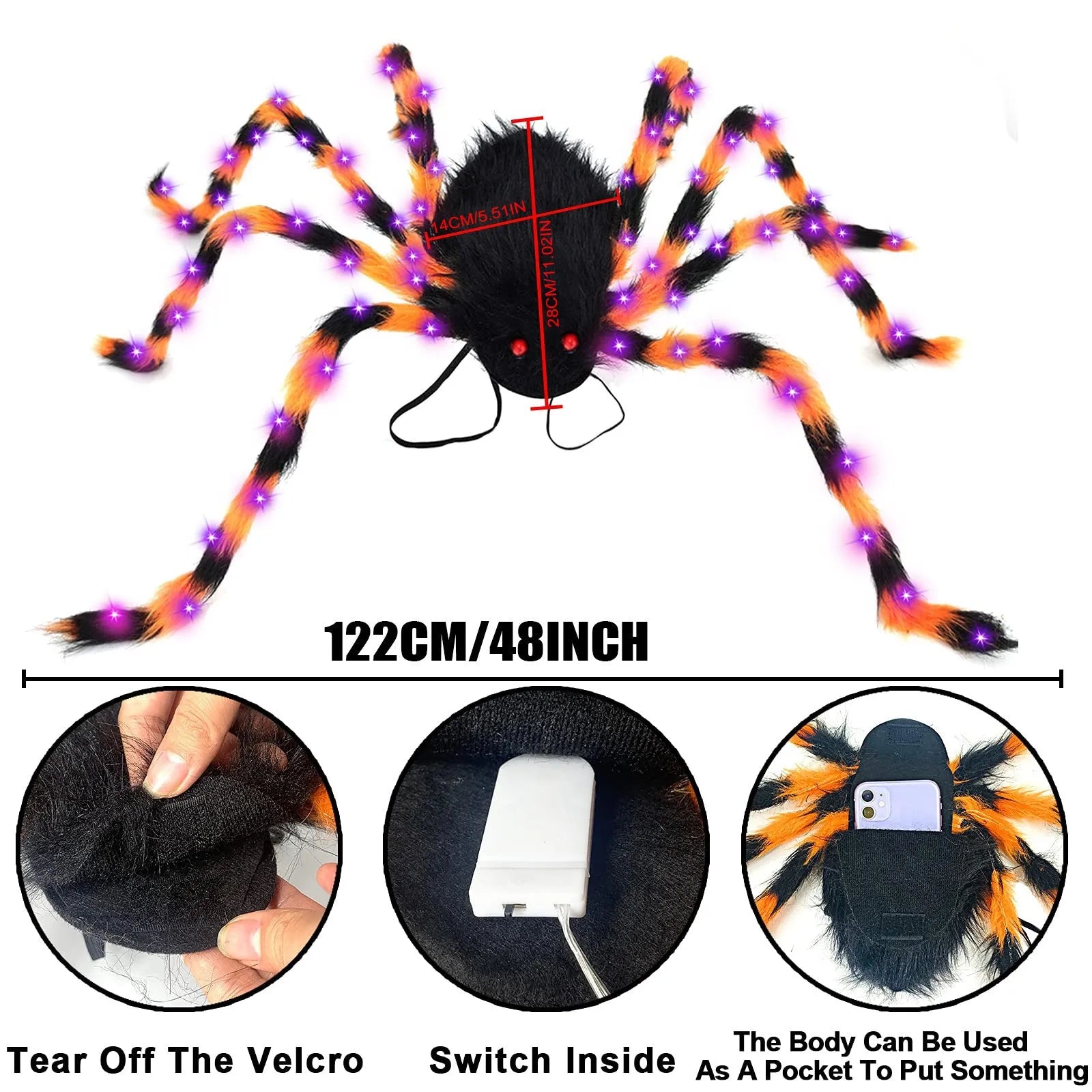 Halloween spider backpack with LED lights in plush sugar bag design