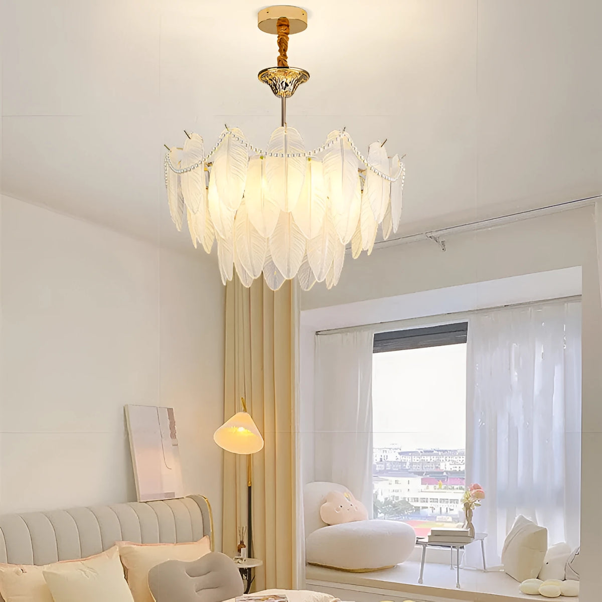 French cream glass pendant light with iron body, layered shades, 50cm three-layer style option