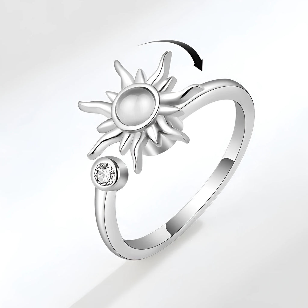 Rotating sunflower relief ring with adjustable copper band and zircon inlay