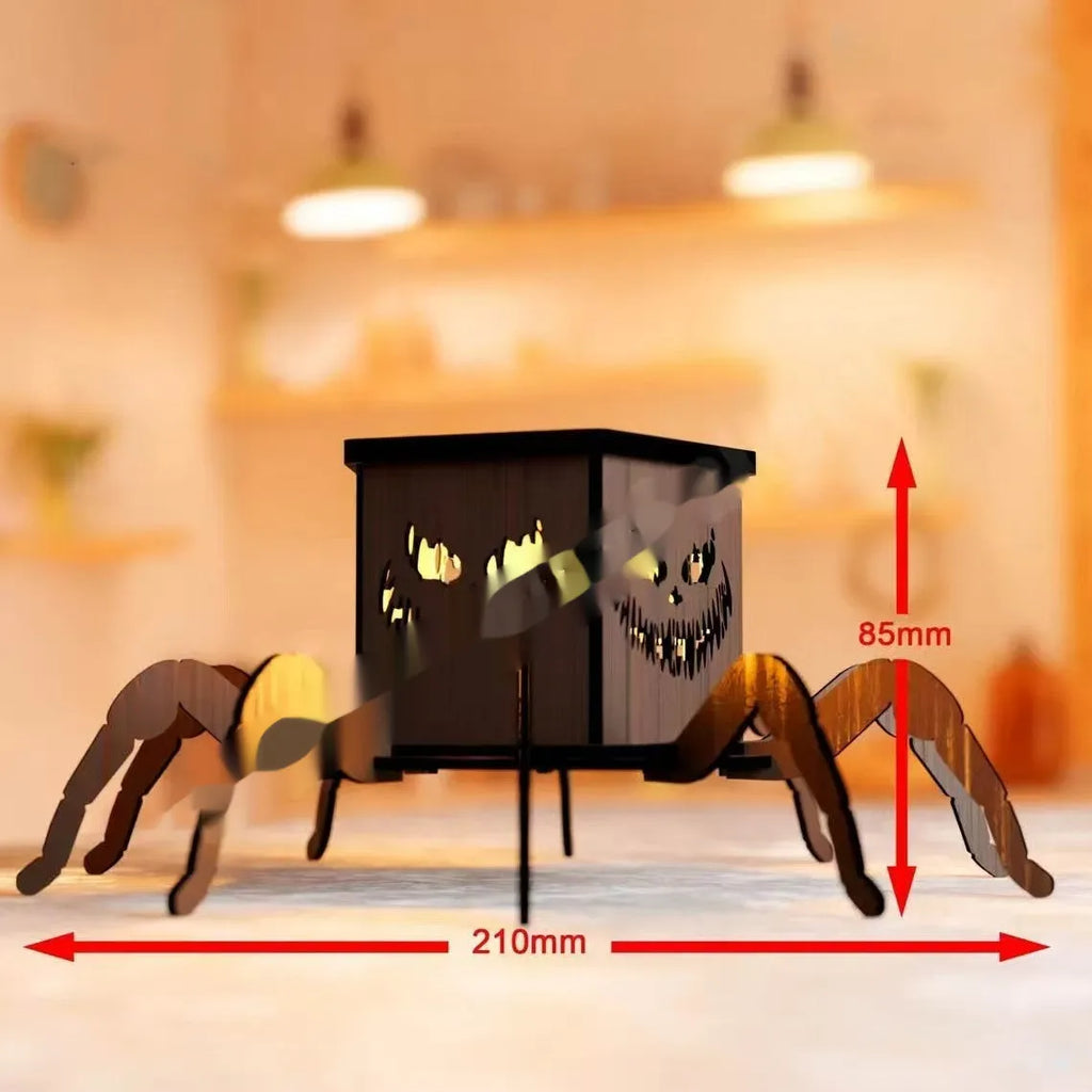 Wooden spider-shaped mini lantern candlestick Halloween decoration on a table
