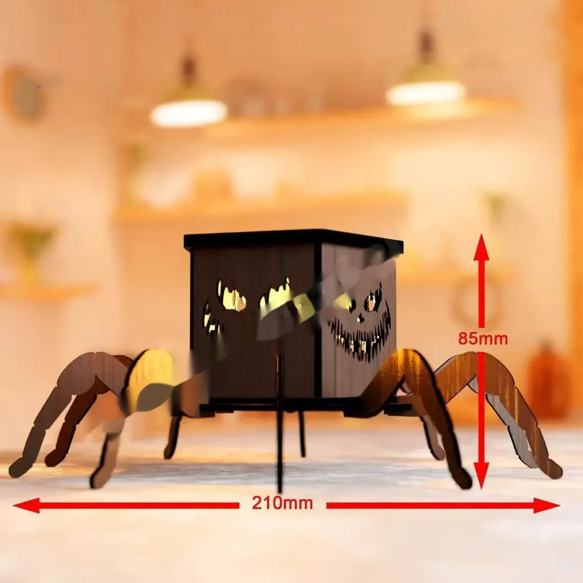 Wooden spider-shaped mini lantern candlestick Halloween decoration on a table