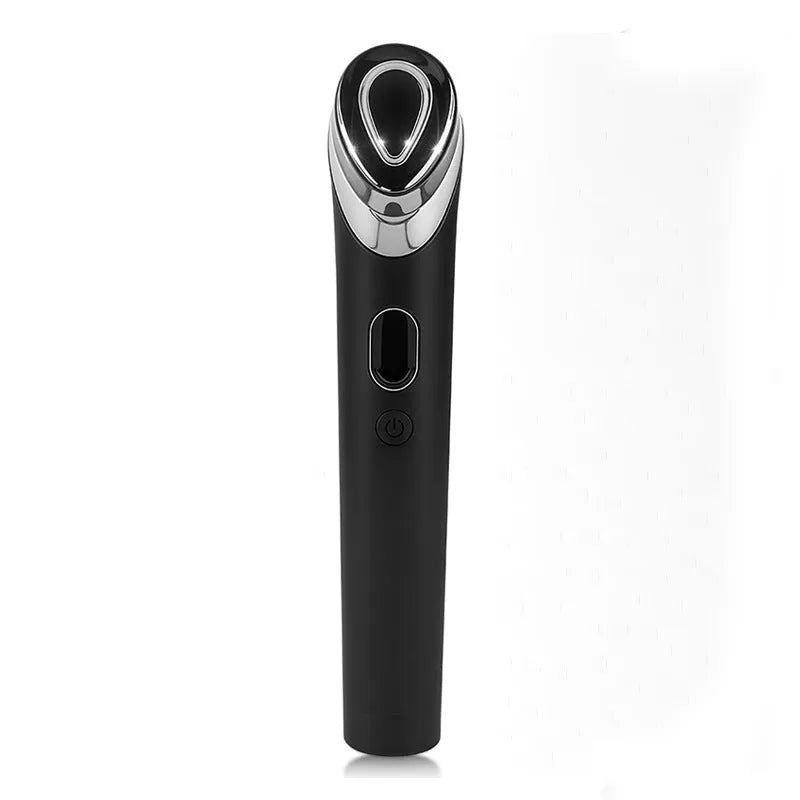 Black eye massager device with LED lights for vibration facial massage and red blue light therapy.