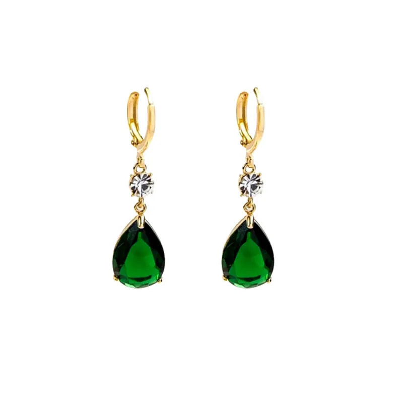 Green geometric teardrop earrings in alloy metal with drop-down design