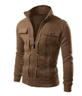 Men's cotton polyester cardigan jacket with zip front and stand collar in dark grey, short length, full sleeves, solid pattern.