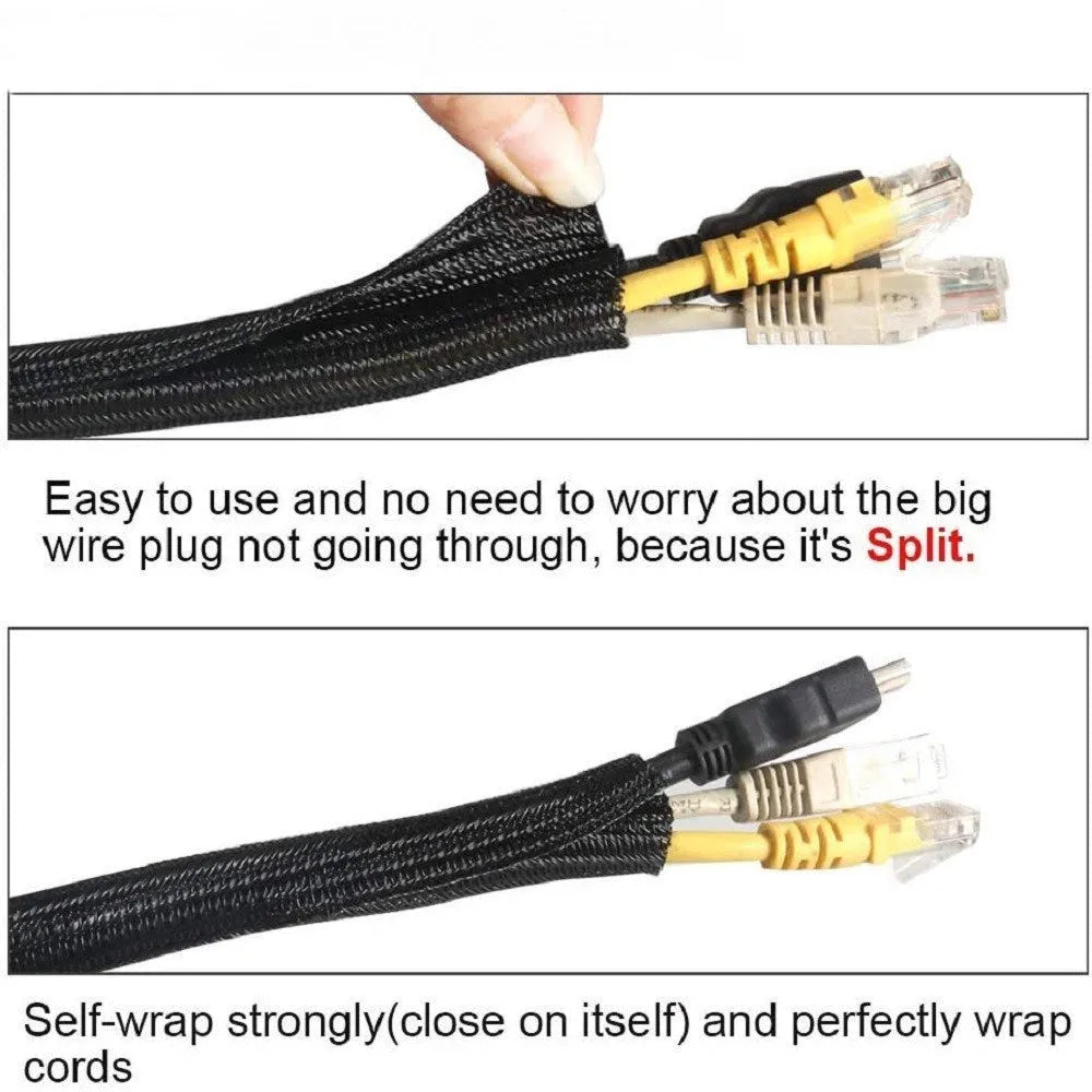 Black self-winding polyester mesh sleeve for automotive wire protection, 1 metre length, flame retardant VW-1 rated