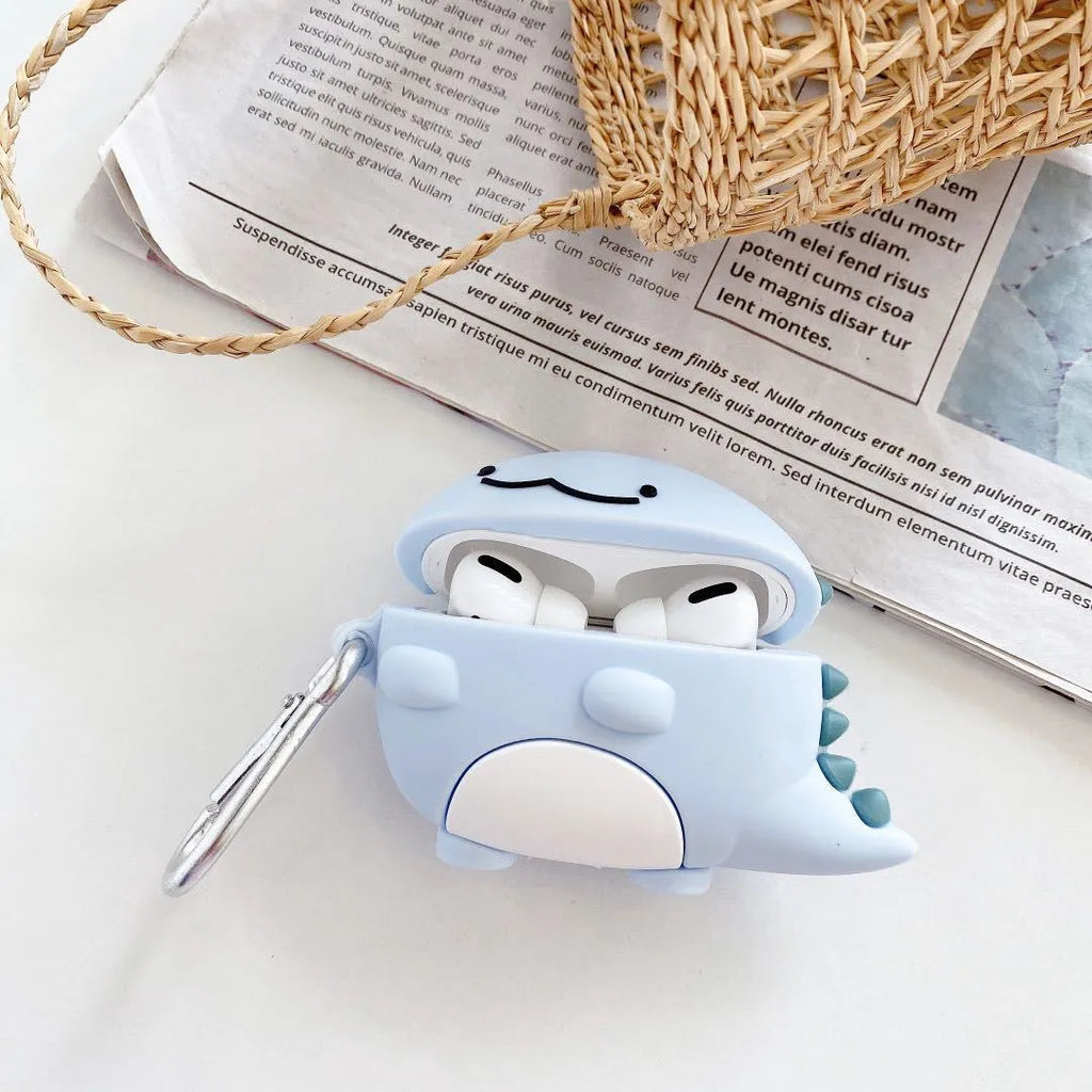 Blue silicone earphone case with a cute baby dragon design, fitting a single Apple AirPod.