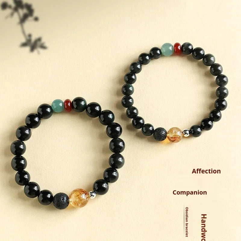 Chinese style couple bracelet with obsidian and agate jade beads in 8mm and 10mm size options.