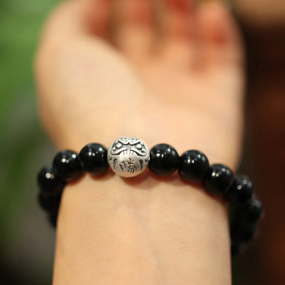 Black agate and sterling silver bracelet with 10mm beads and Chinese style design