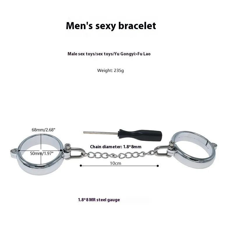 Silver zinc alloy handcuffs and footcuffs set with stainless steel detailing for adult role-play